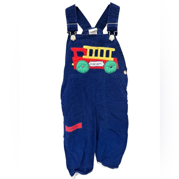 Vintage corduroy toddler Blue Fire Truck patch jumper Overalls 100% cotton 24mos - Picture 1 of 9